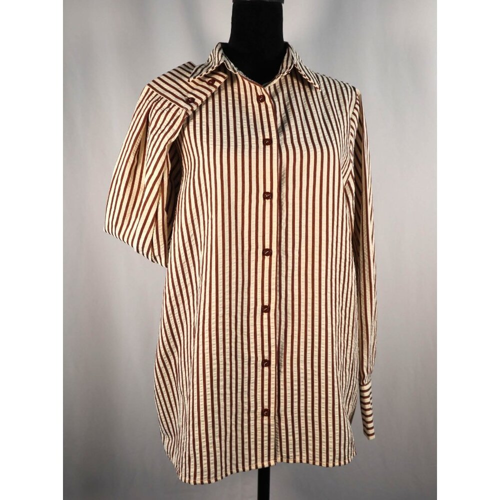 Boohoo women's Striped beach shirt chocolate Button-Up Long Sleeve Size 4 petit - Picture 7 of 16